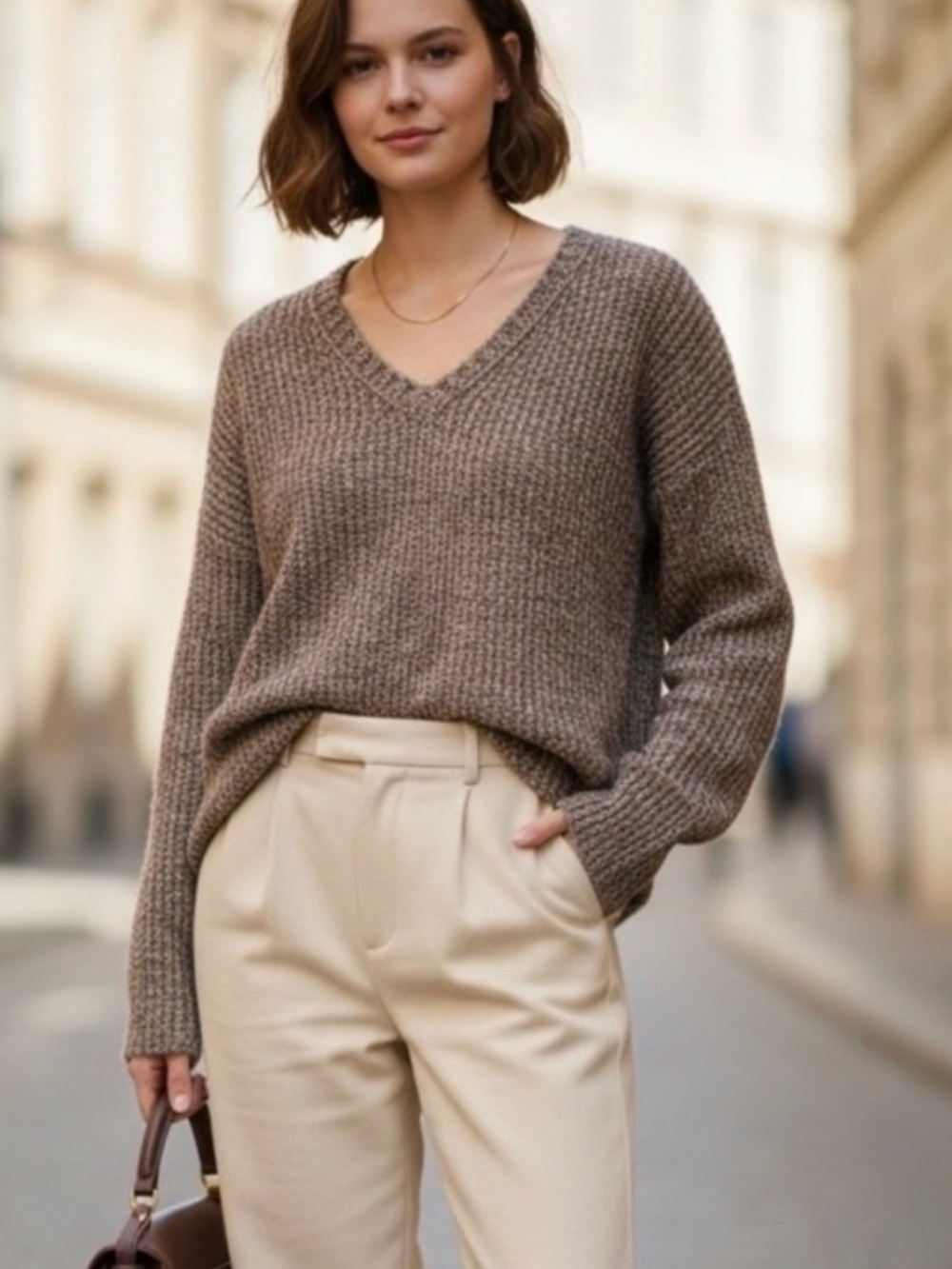 ATM Brown Wool Blend V-Neck Sweater Women's Size S Old Money